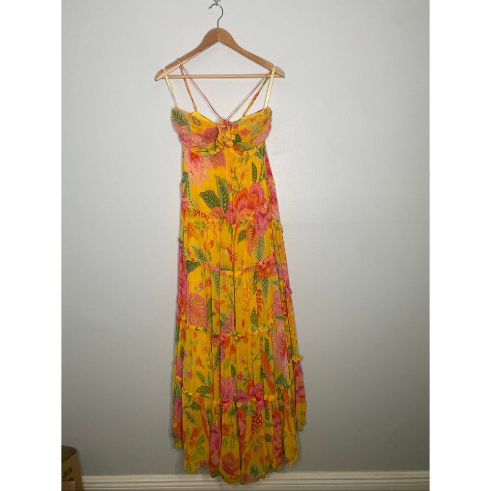 Farm Rio Macaw Bloom Tiered Maxi Dress Yellow Floral XS - Picture 5 of 16